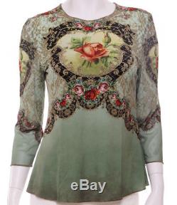 Michal Negrin Moss Green Baroque Vintage Style Rose Long Sleeve Shirt Blouse Top
