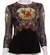 Michal Negrin Victorian Style Roses Crystals Black Blouse Long Sleeves Shirt Top