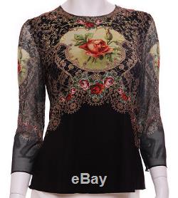 Michal Negrin Victorian Style Roses Crystals Black Blouse Long Sleeves Shirt Top