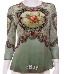 Michal Negrin Victorian Style Roses Crystals Blouse Long Sleeves Shirt Top