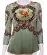 Michal Negrin Victorian Style Roses Crystals Blouse Long Sleeves Shirt Top
