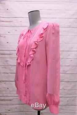 Miu Miu Blouse Bubblegum Pink Ruffled Silk Crepe Size 40 Long Sleeve Bib Top
