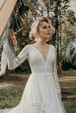 Modern Bohemian Wedding Dresses Backless Lace Top Long Sleeve Fairy Beach Gown