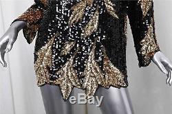 NEIMAN MARCUS SWEE LO Black+Gold Sequin+SILK Long Sleeve Shirt Top Blouse M