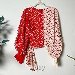 NEW Self-Portrait Women's Sz US 8 Satin Printed Long Sleeve Red Wrap Top Blouse