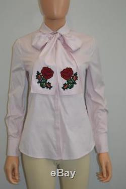 NWOT Gucci Pink Floral Patch Neck-Tie Long Sleeve Blouse/Top Sz. 38 Fall 2017