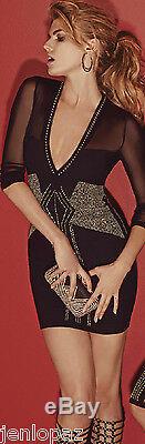 NWT Bebe Dress black gold stud v mesh back cutout long sleeve top S Small luxury