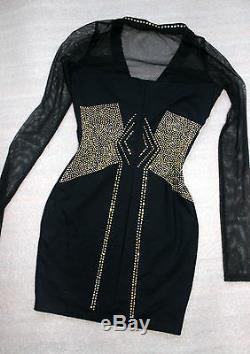 NWT Bebe Dress black gold stud v mesh back cutout long sleeve top S Small luxury