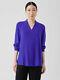 Nwt Eileen Fisher V-neck Long Sleeve Top Silk Georgette Crepe Blue $278 S