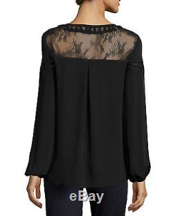 NWT Elie Tahari Pheobe Silk Long-Sleeve Tassle Lace Boho Top Blouse-Black- Large