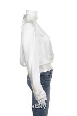 NWT FRAME Satin Keyhole Top Small 100% Silk Off White Long Sleeve Pleated Blouse