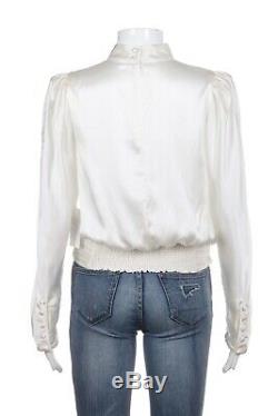 NWT FRAME Satin Keyhole Top Small 100% Silk Off White Long Sleeve Pleated Blouse
