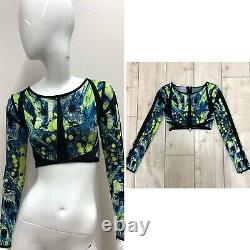 NWT Herve Leger Women's Blue Green Bandage Long Sleeve Cropped Zipper Top Size S