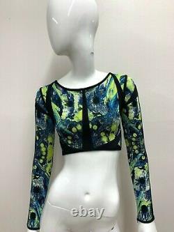 NWT Herve Leger Women's Blue Green Bandage Long Sleeve Cropped Zipper Top Size S