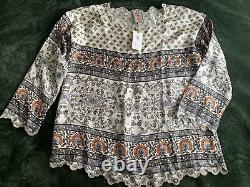 NWT Large Johnny Was Rio Silk Long Sleeve Blouse Top Tunic Embroidered Hems