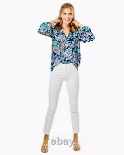 NWT Lilly Pulitzer Elsa Silk Top, High Tide Navy Shes Got Sol, XS to XL