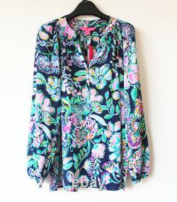 NWT Lilly Pulitzer Elsa Silk Top, High Tide Navy Shes Got Sol, XS to XL