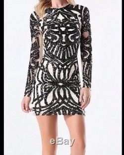 NWT bebe black sequin mesh long sleeve contrast sexy top dress S Small club