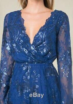 NWT bebe blue floral lace sequin long sleeve mesh top dress romper fits XS XXS