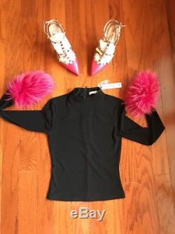 New Alice + Olivia Haylen Mock-Neck Long-Sleeve Top with Fur Cuffs X-Small