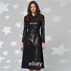 New Fashion Belt Faux Leather Dress Women's Long Sleeve Slim PU Dress 2021