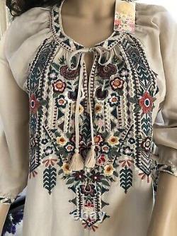 New Johnny Was Raquel Peasant Silk Embroidered Dress Tunic Boho Small Medium