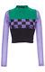 New Versace Color Block Knit Long Sleeve Checkered Top Cropped Pullover Sweater