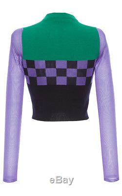 New VERSACE Color Block Knit Long Sleeve Checkered Top Cropped Pullover Sweater