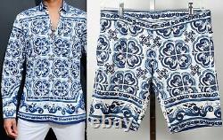 New sz 15 / 40 Dolce&Gabbana Maiolica print shirt shorts 50 suit blue white top