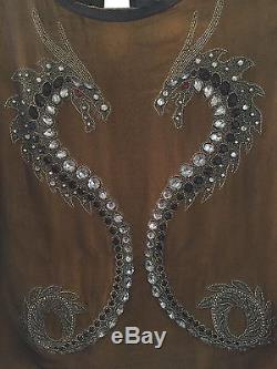 Nicole Miller Black / Brown Dragon Embellished Long Sleeve Top Sm $495 Dm10018