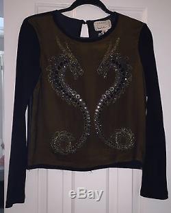 Nicole Miller Black / Brown Dragon Embellished Long Sleeve Top Sm $495 Dm10018