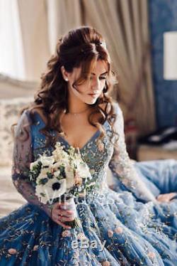 Noble Blue Wedding Dresses Bridal Ball Gowns V Neck Long Sleeve Top Lace Boho