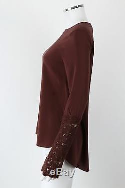 Nwt Brunello Cucinelli Brown Parachute Silk Cashmere Lace Long Sleeve Top Blouse