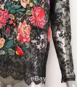 OSCAR DE LA RENTA Black Lace Sheer Floral Embroidered Long Sleeve Top Blouse M