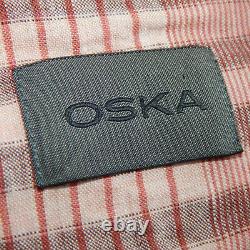 OSKA 100% Linen Plaid Gray Dusty Rose Red Lagenlook Button Top sz L Germany 2