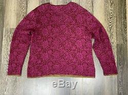 Oleana Flloral Long Sleeve Silk/Wool Cardigan Sweater Top Size 2XL Bordo