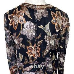 Oleg Cassini Black Tie Sequin Top Womens Size 8 Vintage Metallic Floral Black