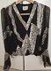 Oleg Cassini Sequin Silk Long Sleeve Holiday Silver Gold And Black V-neck Top M