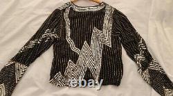 Oleg Cassini Sequin Silk Long Sleeve Holiday Silver Gold and Black V-neck Top M