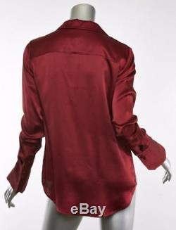 PAIGE Toscani Button-Front Long Sleeve Satin SILK Rouge Top Blouse Shirt S NEW