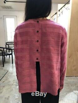RACHEL COMEY Tambo Pink Fuzzy Pom Pom Trim Woven Long Sleeve Blouse Top 4/S