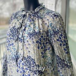 REBECCA TAYLOR Ava Long Sleeve Blue Floral Silk Blend Popover Top NWT NEW