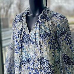 REBECCA TAYLOR Ava Long Sleeve Blue Floral Silk Blend Popover Top NWT NEW