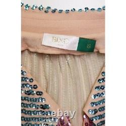 RIXO Lyla Sequin Tulle Blouse Top Blouson Long Sleeve Pointed Collar V-Neck S