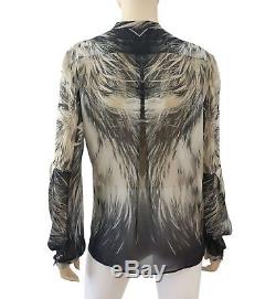 ROBERTO CAVALLI Silk Feather Print Long Sleeve Top Blouse 44 US 8 NEW