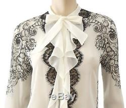 ROBERTO CAVALLI Women's Top Ivory Printed Silk Long Sleeve Blouse 42 US 6