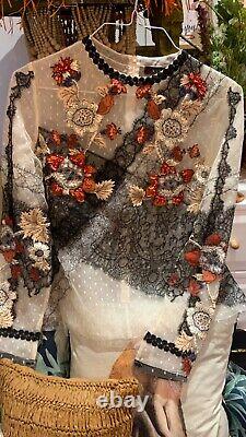 RRP£2000 Top Embellished Lace Blouse Floral Designer size m 12 10 Beaded Biyan