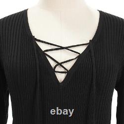 Rag & Bone NWD Stretchy Long Sleeve Ribbed Top Tie V-Neck Size Large in Black