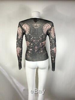 Rare Vtg Jean Paul Gaultier Black & Pink Abstract Print Sheer Long Sleeve Top