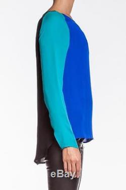 Rebecca Minkoff Leah Top Royal Blue Green Black Colorblock Long Sleeves Silk NEW